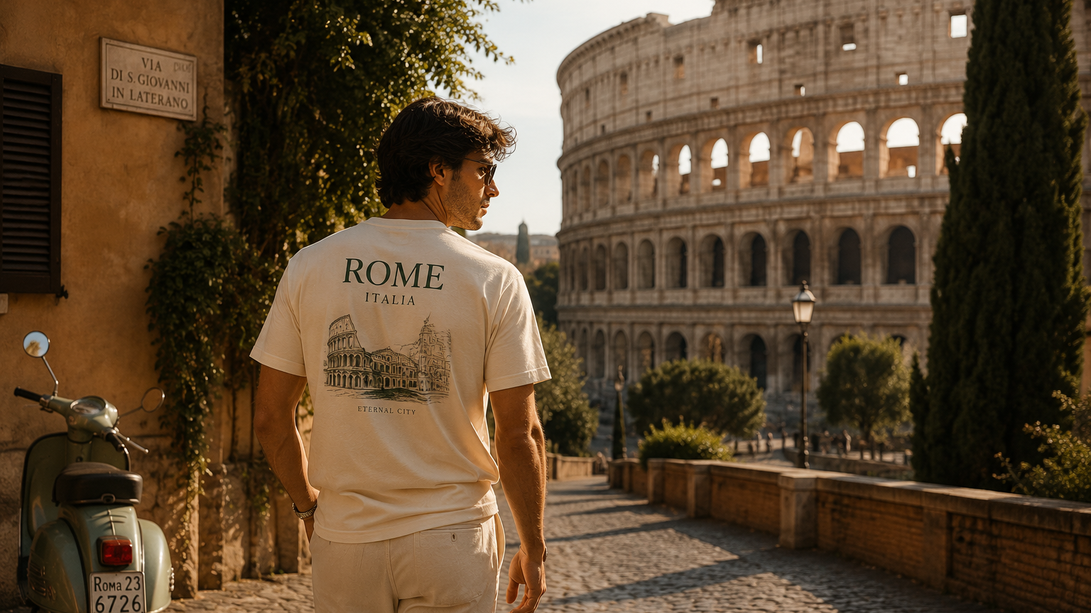 A man wearing a cream-colored t-shirt and matching trousers stands on a cobblestone street in Rome, Italy, looking towards the Colosseum. The back of his t-shirt features a black graphic print of the Colosseum with the text 'ROME ITALY'.