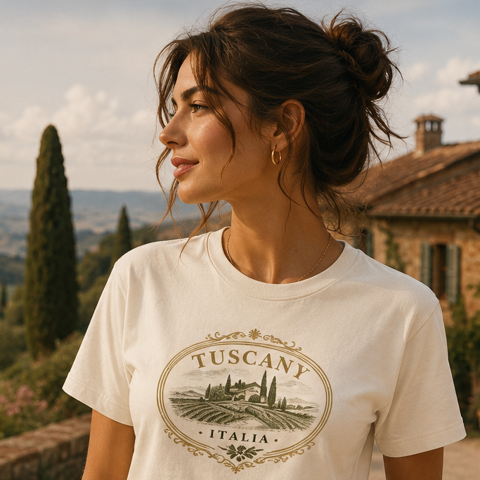 A woman wearing a cream-colored graphic t-shirt with a Tuscan landscape print, paired with light-wash denim jeans, standing outdoors on a stone path with a rustic Tuscan villa and rolling hills in the background.